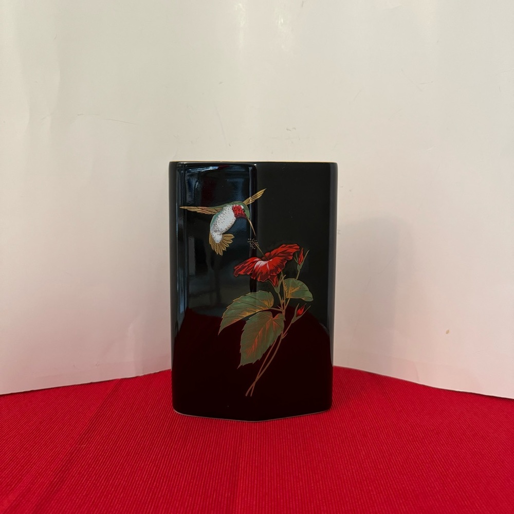 Otagiri Hummingbird Diamond Black Gold Trim Ceramic Japanese Vase